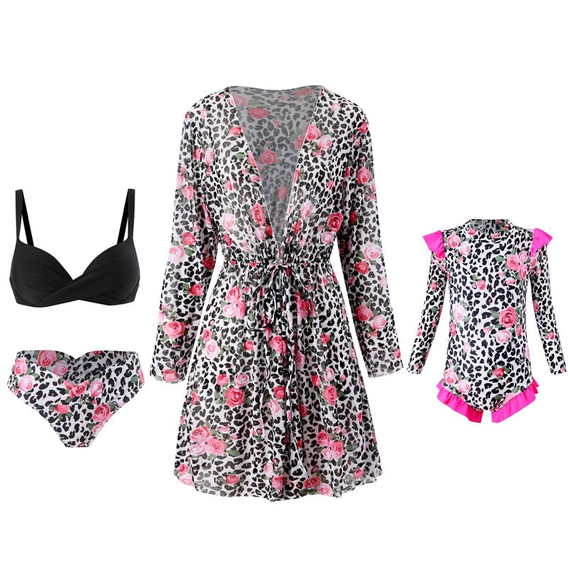 Mother and Daughter Leopard print and Rose Matching Swimwear Bikini Set with Cover-Up