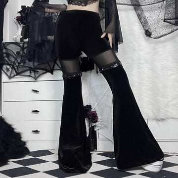 Women's Gothic Black Mesh Patchwork Flared Pants