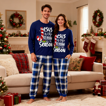 Couple Christmas  Matching Pajamas With Jesus Text Print