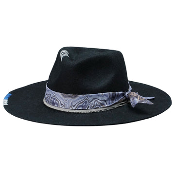 Black Straight Brim Felt Hat with Gray Cord & Stitching