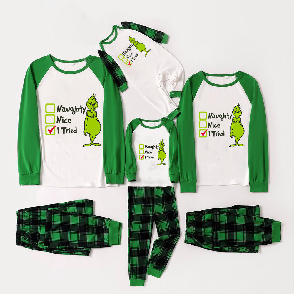 Christmas "Naughty&Nice& I Tried" Letter Print Patterned Casual Long Sleeve Sweatshirts Green Contrast Tops and Black and Green Plaid Pants Family Matching Raglan Long-sleeve Pajamas Sets With Pet Bandana