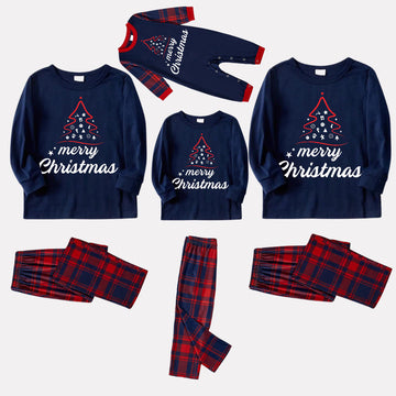 Red Christmas Tree Stick Figure - Blue Long Sleeve Top with Blue & Red Plaid Family Matching Pajamas