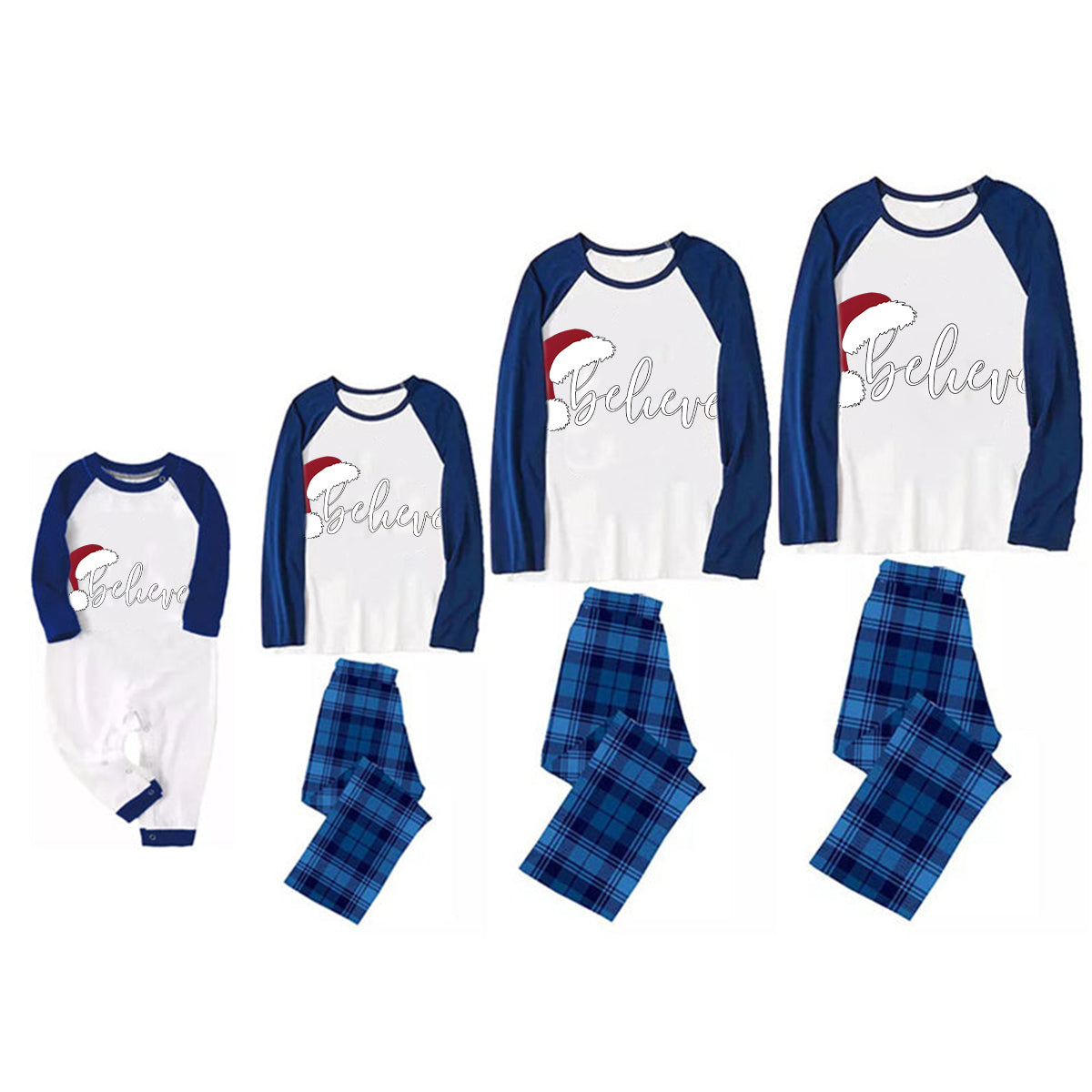 Christmas Hat and ‘Believe“ Letter Print Patterned Blue Sleeve Contrast Tops and Blue Plaid Pants Family Matching Pajamas Sets With Dog Bandan