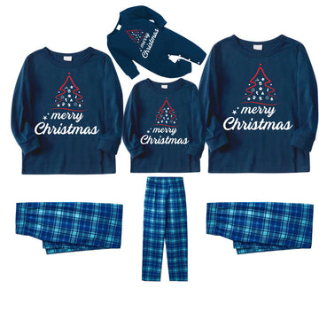 Red Christmas Tree Stick Figure - Blue Long Sleeve Top With Blue Plaid Family Matching Pajamas