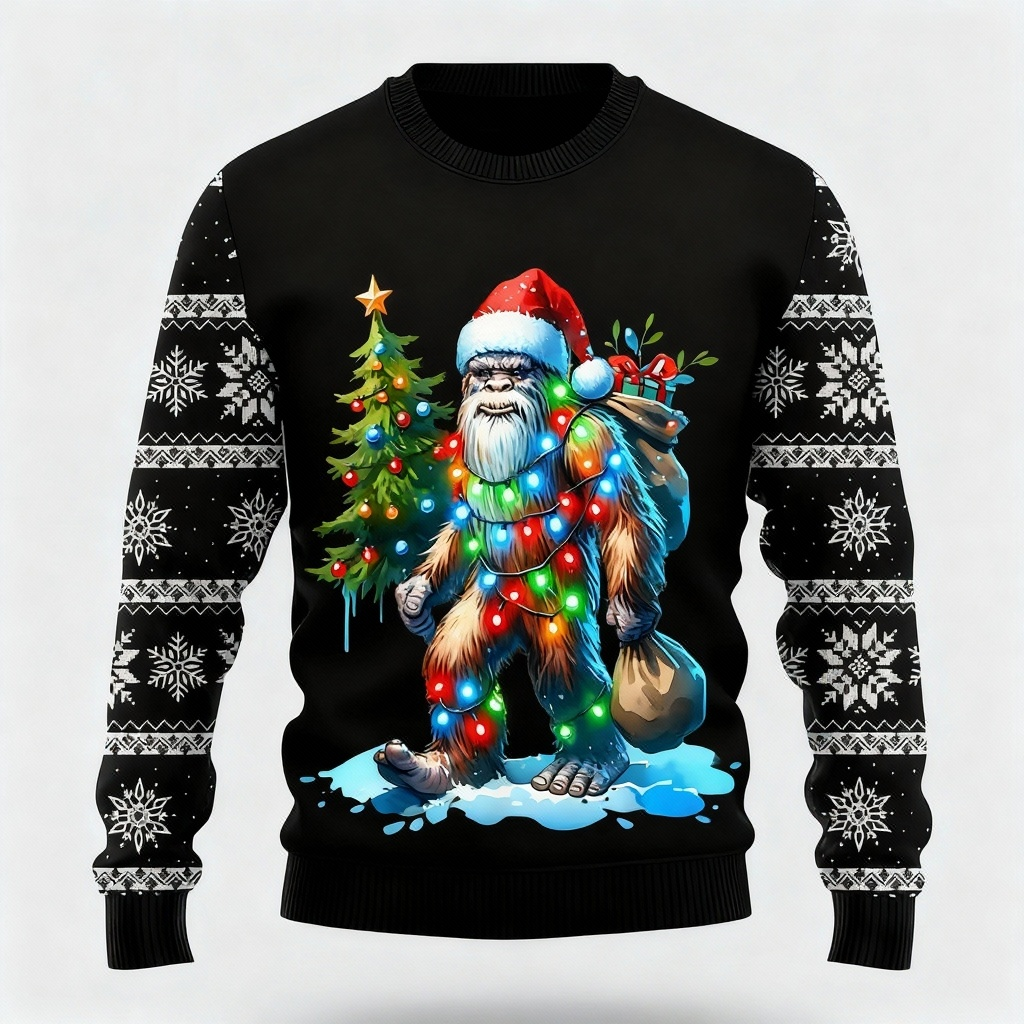 Colorful Animal & Pine Tree Pattern Design - Black Holiday Icon Sweater