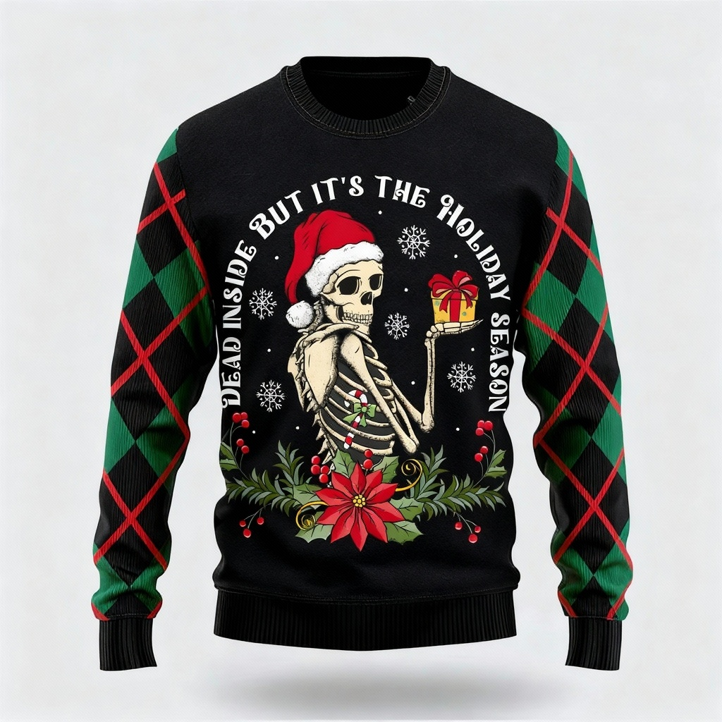 Funny Skull Print - Maximalist Christmas Print Ugly Sweater