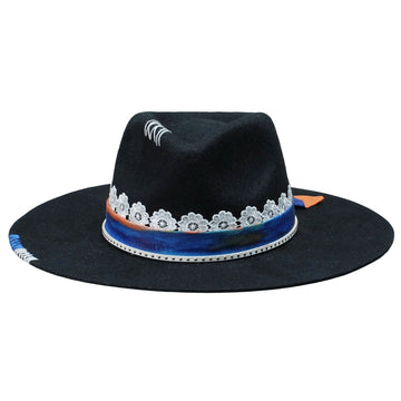 Black Straight Brim Felt Hat with Lace & Artistic Band