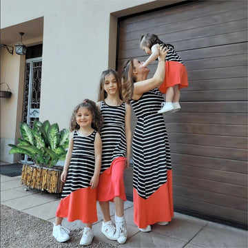 Stylish Striped Color-blocking Sleeveless Mommy and Me Maxi Dress in Black