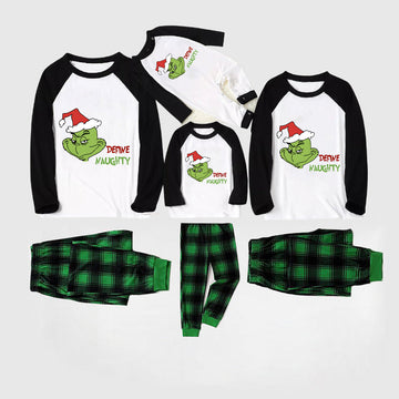 Christmas 'Define Naughty' Letter Print Patterned Casual Long Sleeve Sweatshirts Black Contrast Top and Black and Green Plaid Pants Family Matching Pajamas Sets With Dog Bandana