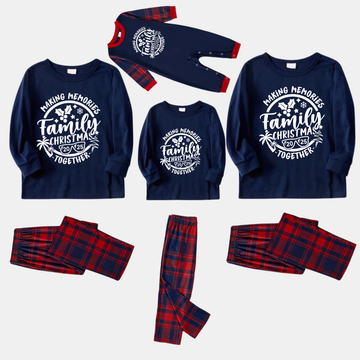 Christmas Make Memories Together 2025 Print Blue Long Sleeve Top with Red & Blue Plaid Family Matching Pajamas