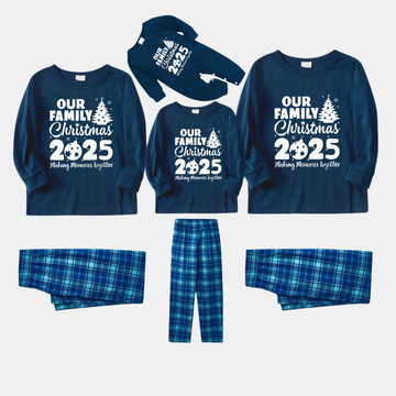 'Our Family Chirstmas 2025 Making Memories Together' Letter Print Blue Long Sleeve Top With Blue Plaid Family Matching Pajamas