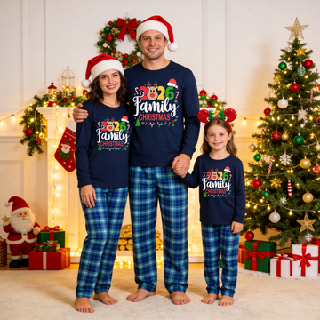 "Family Christmas 2026" Text and Deer Prints Blue Long Sleeve Top With Blue Plaid Family Matching Pajamas