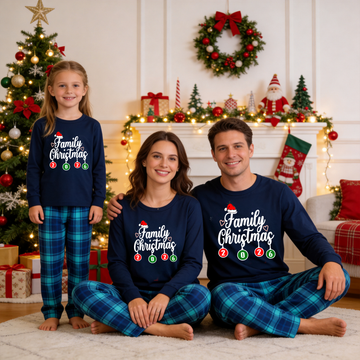 "Family Christmas 2026" Letter Printed Blue Long Sleeve Top With Blue Plaid Family Matching Pajamas