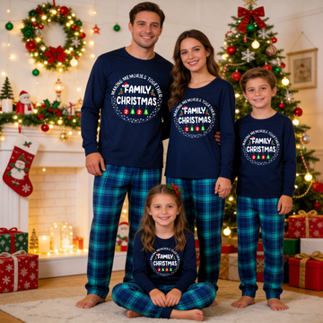 "MAKING MEMORIES TOGETHER FAMILY CHRISTMAS 2026" Text Pattern - Blue Long Sleeve Top With Blue Plaid Family Matching Pajamas