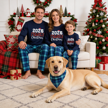 2026 Family Christmas Text Print Blue Long Sleeve Top With Blue Plaid Family Matching Pajamas
