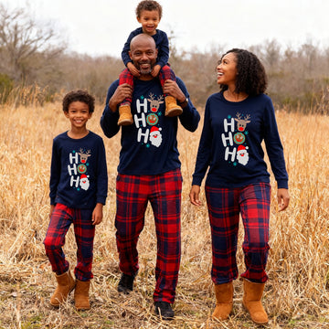 Arrive in 3-5 days - "HO HO HO" Letter Print Red & Blue Plaid Christmas Family Matching Pajamas