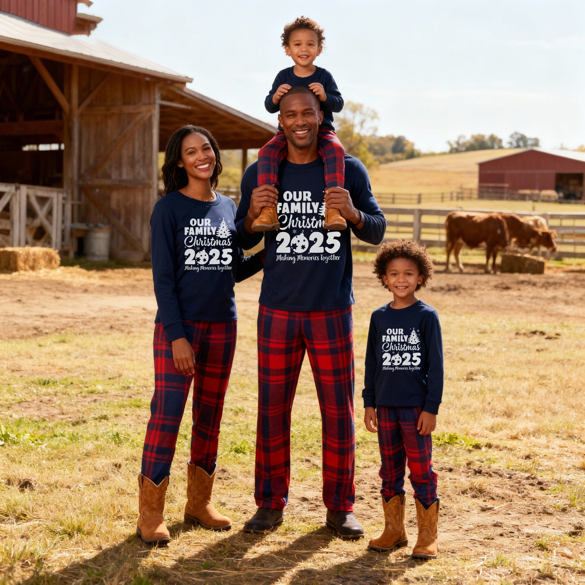 'Our Family Chirstmas 2025 Making Memories Together' Letter Print Blue Long Sleeves Top with Red and Blue Plaid Pants Christmas Matching Pajamas