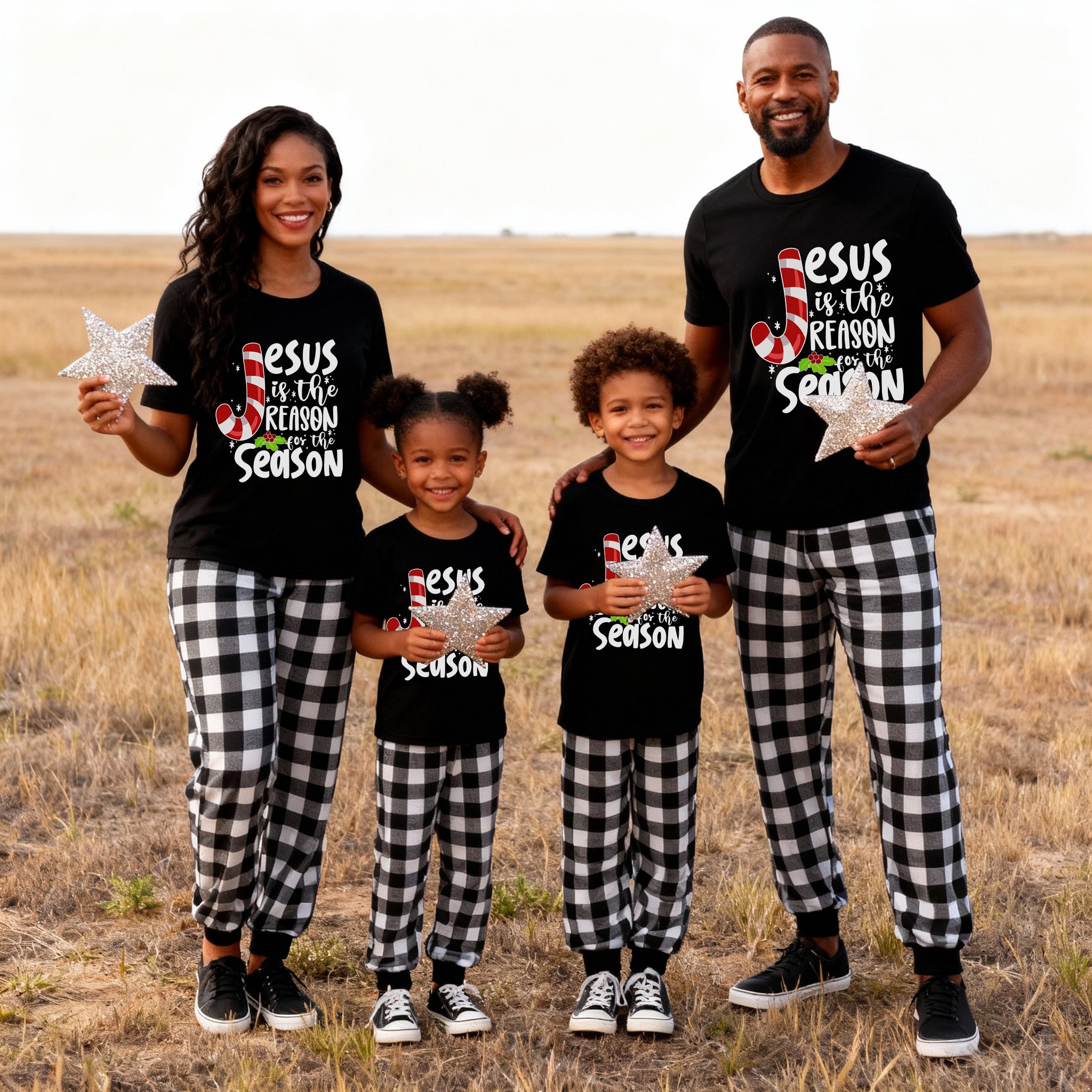 Jesus Is The Reason For The Season Family Christmas Pajamas Set - Black Top Black and White Plaid Pants White Graphic Text