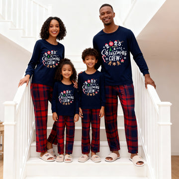"2025 Christmas Crew" Text and Santa Hat Prints Blue Long Sleeves Top with Red and Blue Plaid Pants Christmas Matching Pajamas