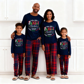 "We are Family" 2025 Christmas Wreath - Blue Long Sleeve Top with Blue & Red Plaid Family Matching Pajamas