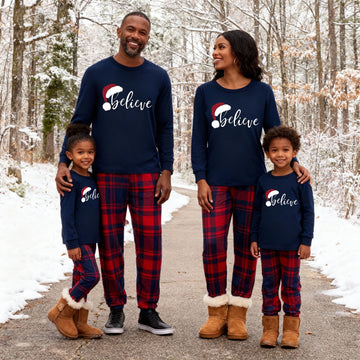 Christmas "Believe" Letter Print Blue Long Sleeve Top with Red & Blue Plaid Christmas Family Matching Pajamas
