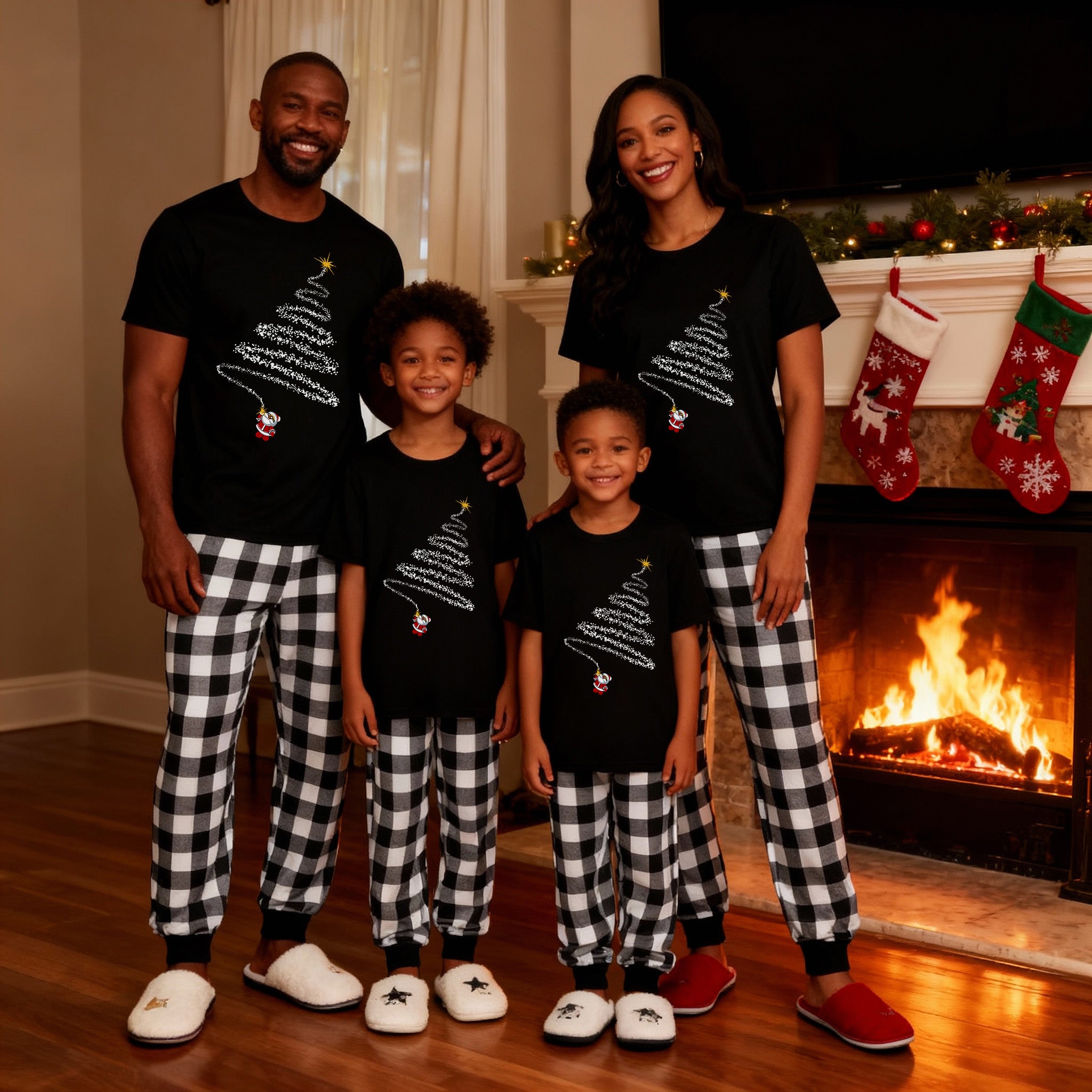 Santa Climbing Christmas Tree Family Pajamas Set - Black Top Black and White Plaid Pants White Tree Graphic