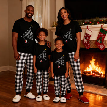 Santa Climbing Christmas Tree Family Pajamas Set - Black Top Black and White Plaid Pants White Tree Graphic