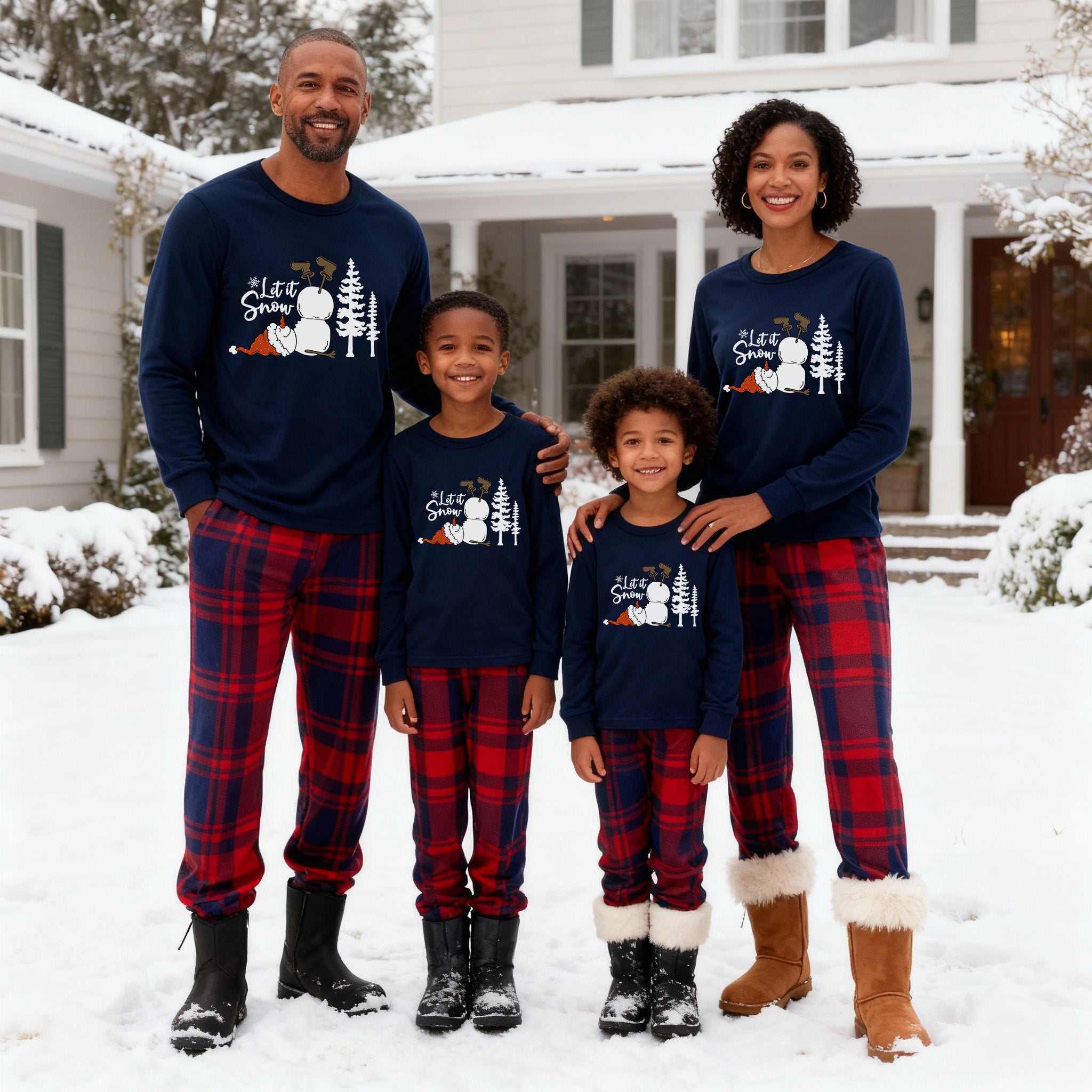 "Let it Snow" Slogan and Snowman Printed Red and Blue Plaid Christmas Matching Pajamas