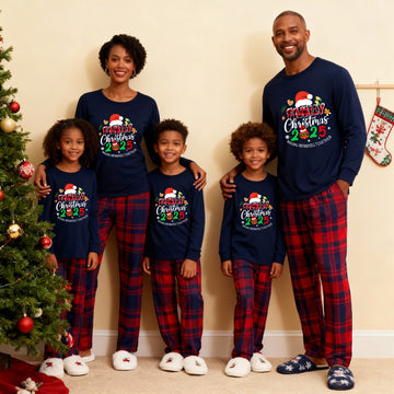 "Family Christmas 2025" Text and Santa Hat Prints Blue Long Sleeves Top with Red and Blue Plaid Pants Christmas Matching Pajamas