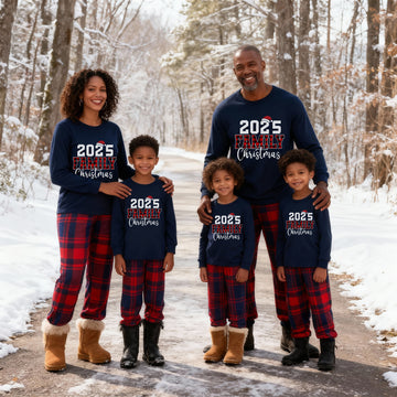 "2025 Christmas" Text and Santa Hat Prints Blue Long Sleeves Top with Red and Blue Plaid Pants Christmas Matching Pajamas