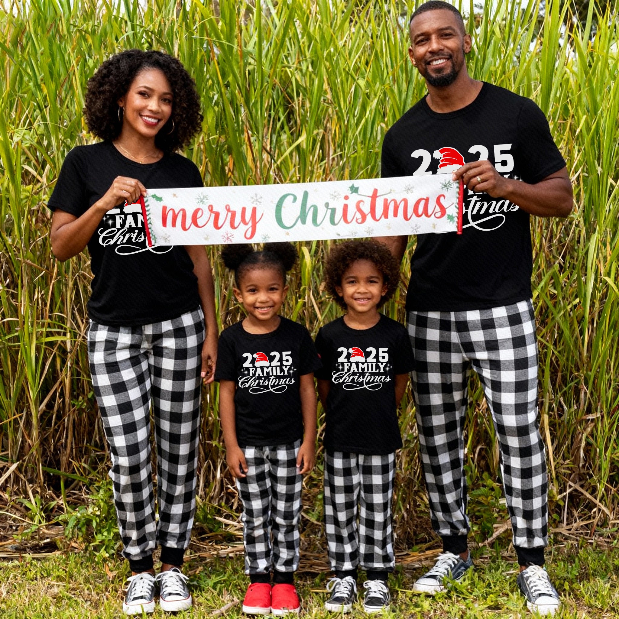 2025 Family Christmas Pajamas Set - Black Top Black and White Plaid Pants White Text Graphic