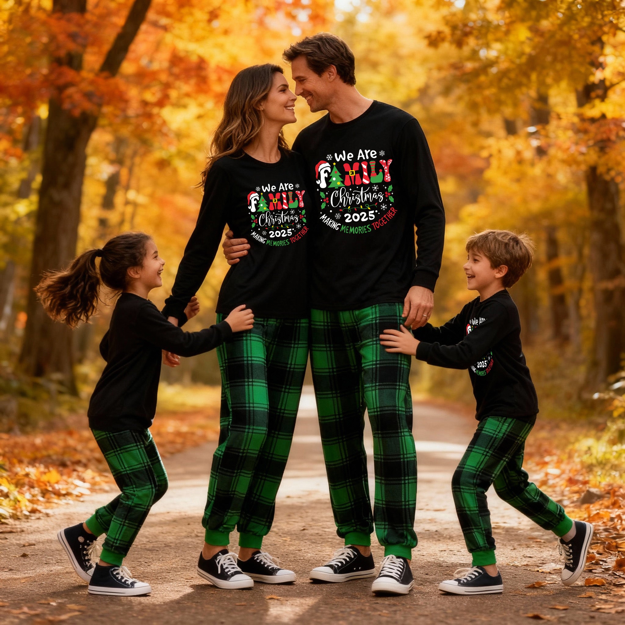 "We are Family" 2025 Christmas Wreath - Black Long Sleeve Top with Black And Green Plaid Pants Family Matching Pajamas