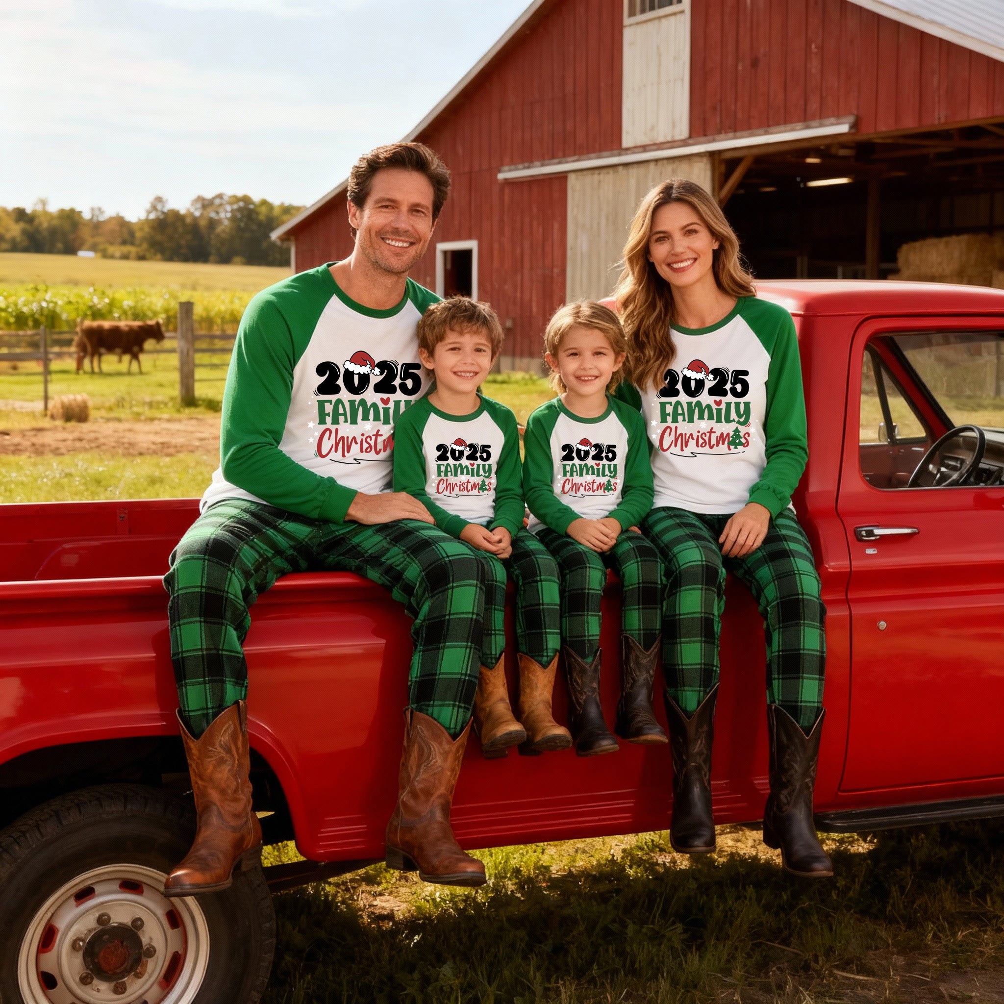 Santa Hat and Family Christmas 2025 Print Long Sleeve Top With Green & Black Plaid Christmas Matching Pajamas