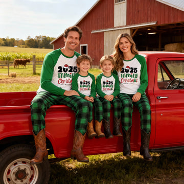 Santa Hat and Family Christmas 2025 Print Long Sleeve Top With Green & Black Plaid Christmas Matching Pajamas