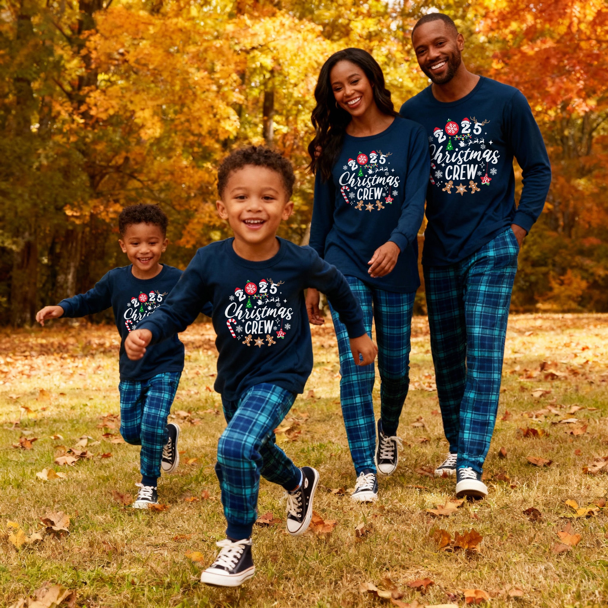 2025 Christmas Crew Making Memories Together Text Print Blue Long Sleeve Top With Blue Plaid Family Matching Pajamas