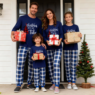 "Christmas With My Tribe"  Pattern Blue Long Sleeves with Blue&White&Black Plaid Pants Family Matching Pajamas
