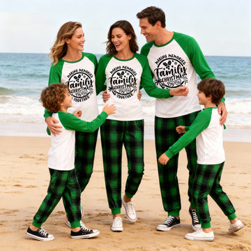 Christmas Make Memories Together 2025 Print Green Rotator Cuff Top With Green & Black Plaid Family Matching Pajamas With Dog
