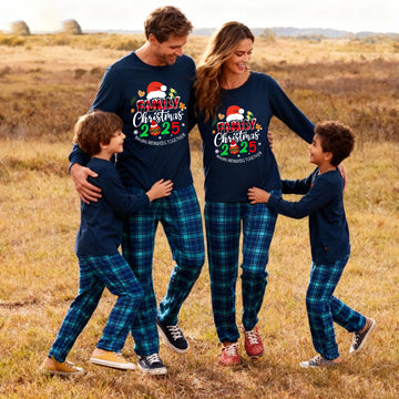 Family Christmas 2025 Making Memories Together Text Print Blue Long Sleeve Top With Blue Plaid Family Matching Pajamas