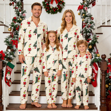 Cozy Button-Front Cartoon Pattern Printed Family Matching Pajamas Set
