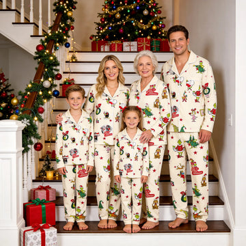Christmas Family Button-Down PJS Classic Cartoon Pattern Printed Holiday Movie Elements and 'How The Cartoon Pattern Printed Stole Christmas!