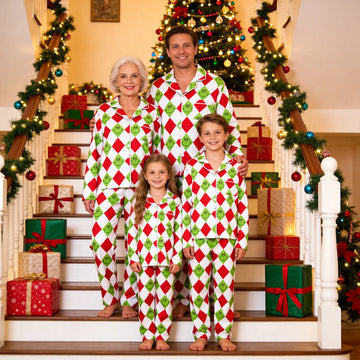Christmas Family PJS Button-Down Long Sleeve Top and Pants with Pockets Red and White Diamond Argyle Plaid with Cartoon Pattern Printed Smiley Face Print Winter Set