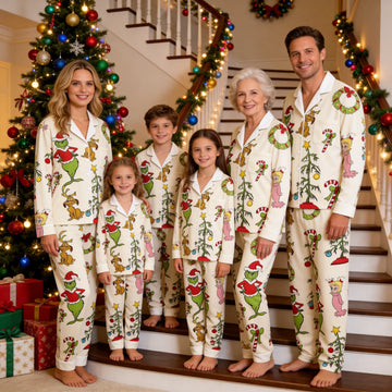 Button-Down Long Sleeve Top and Pants with Pockets, Christmas Family PJS, Beige Ground Cartoon Pattern Printed Max Dog and Christmas Tree All-Over Print