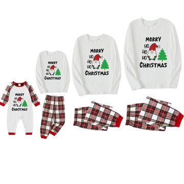 "HO HO HO Merry Christmas" 2024 White Long Sleeve Top with Red & Green & White Plaid Family Matching Pajamas