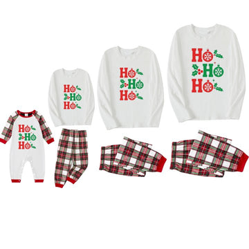 "HO HO HO" Letter Christmas 2024 White Long Sleeve Top with Red & Green & White Plaid Family Matching Pajamas