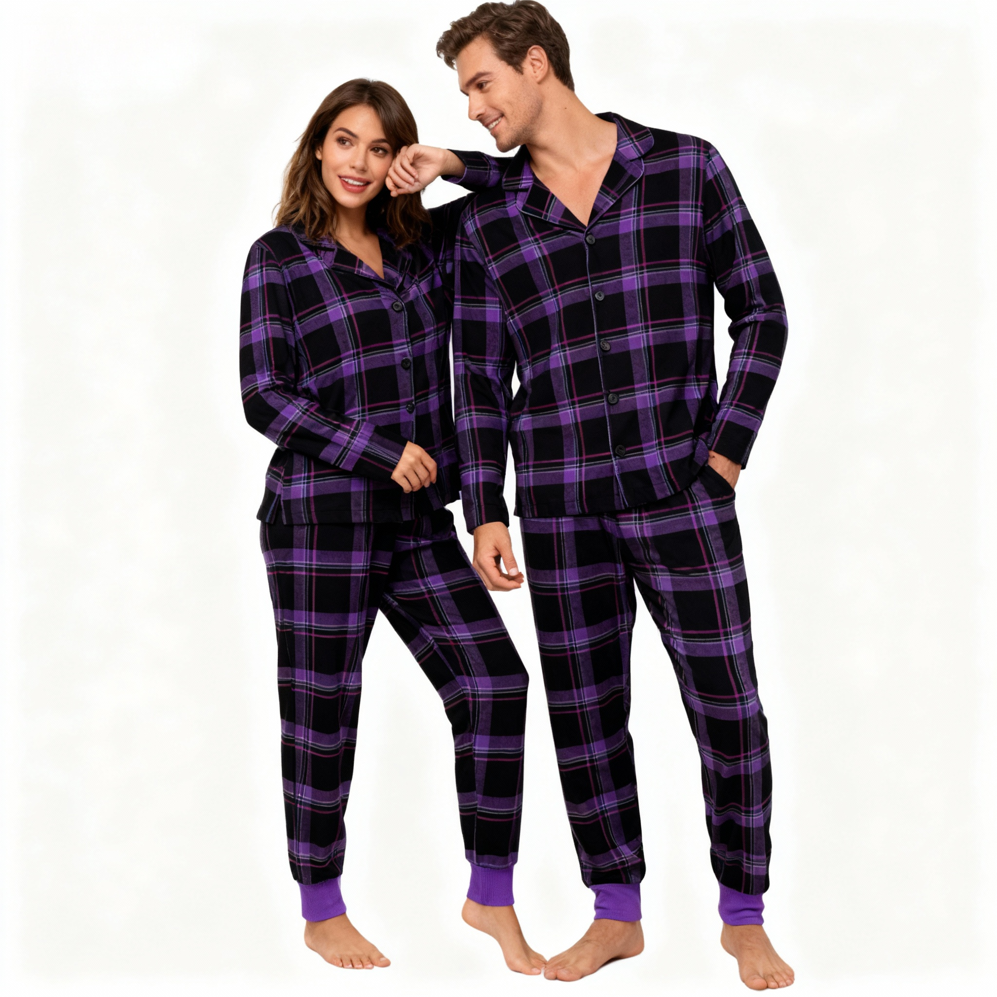 Christmas Purple Plaid Button-Front Pajamas Couple Pajamas Sets