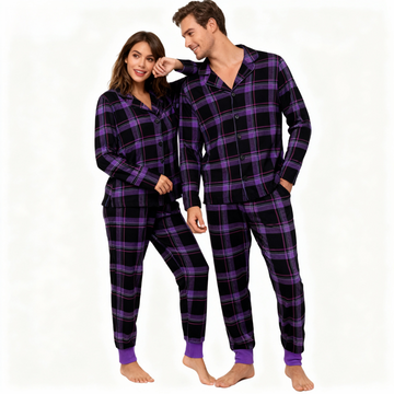 Christmas Purple Plaid Button-Front Pajamas Couple Pajamas Sets