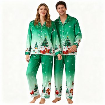 Holiday Couple Button-Up Christmas Pattern Printed Green Satin Christmas Pajamas Set