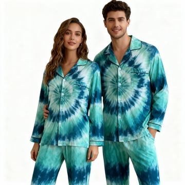 Holiday Couple Button-Up Green Tie-dyed Christmas Pajamas Set