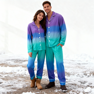 Color Block Collar Button-Up Pajama Set for Couple