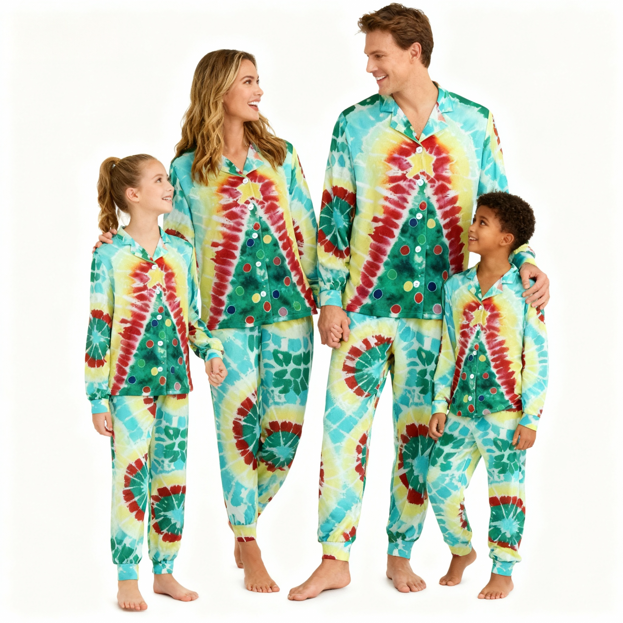Holiday Family Button-Up Green & Yellow Tie-dyed Christmas Pajamas Set